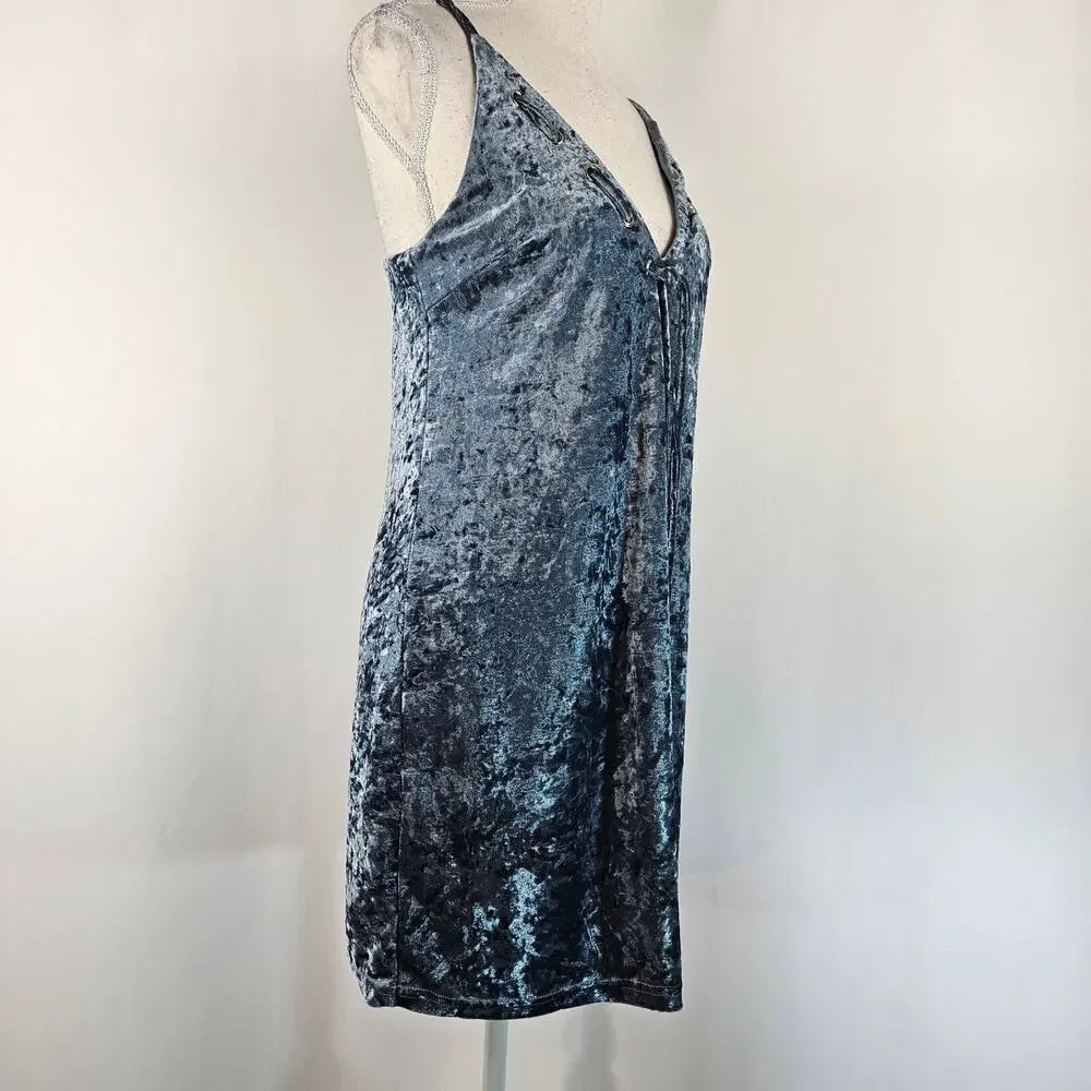 Emory Park Blue Shimmer Crushed Velvet Deep Tasseled V-Neck Stretch Mini Dress S - Picture 3 of 14